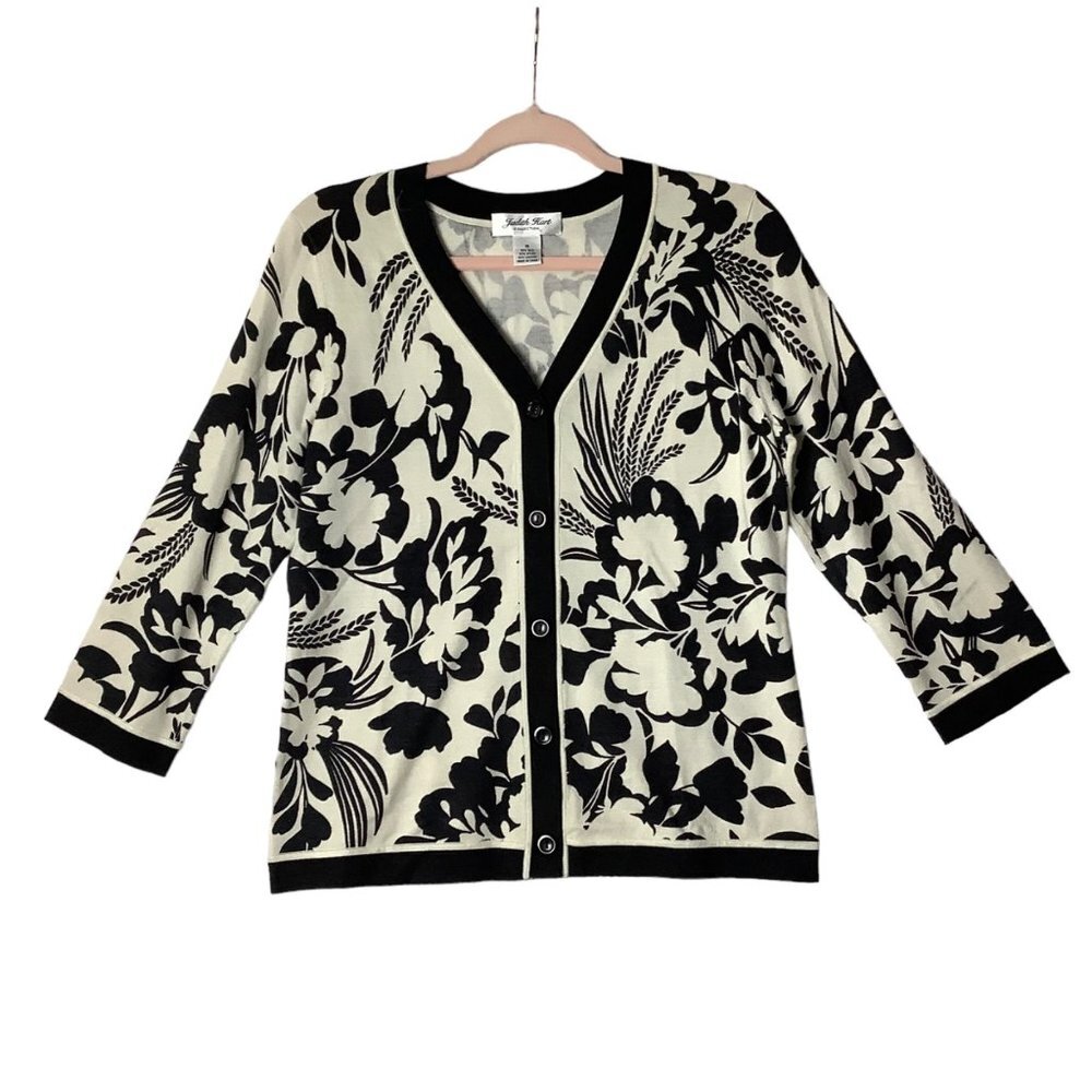 Judith Hart Collection Silk Blend Floral Cardigan Medium Cream‎ Black Modest